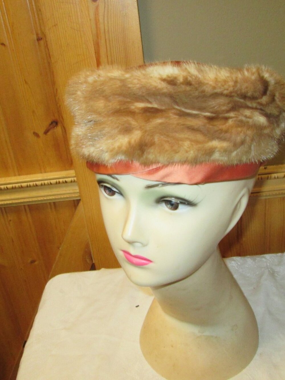 vtg pillbox mink hat coral satin trim and top pearl vtg hatpin on back glam